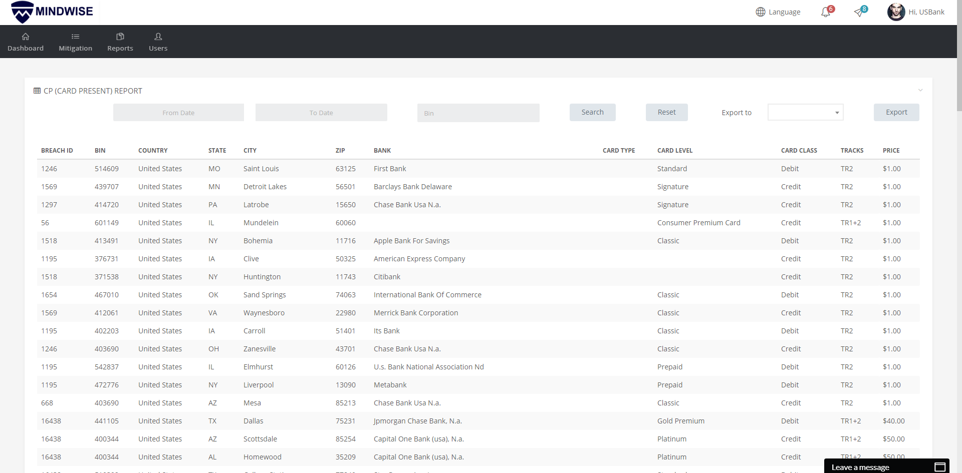 Platform screenshot showing a report of compromised cards, with details like BIN, country, state, city, and bank.